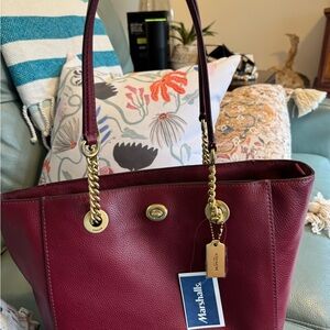 Coach Wine Red Burgundy NWT Leather Tote with Gold Accents